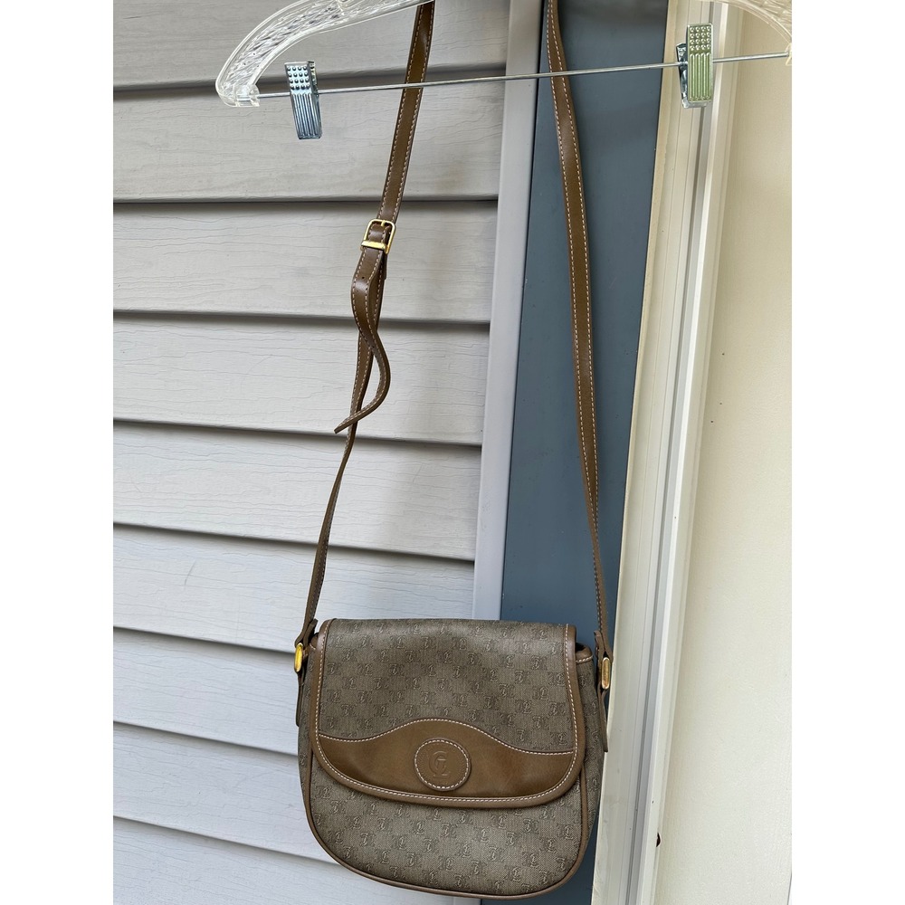 Carryland USA Monogram Crossbody Bag Brown Taupe Faux Leather Saddle Purse